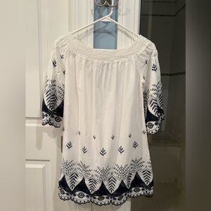 Blue Island Embroidered Off-Shoulder White and Blue Cover Up